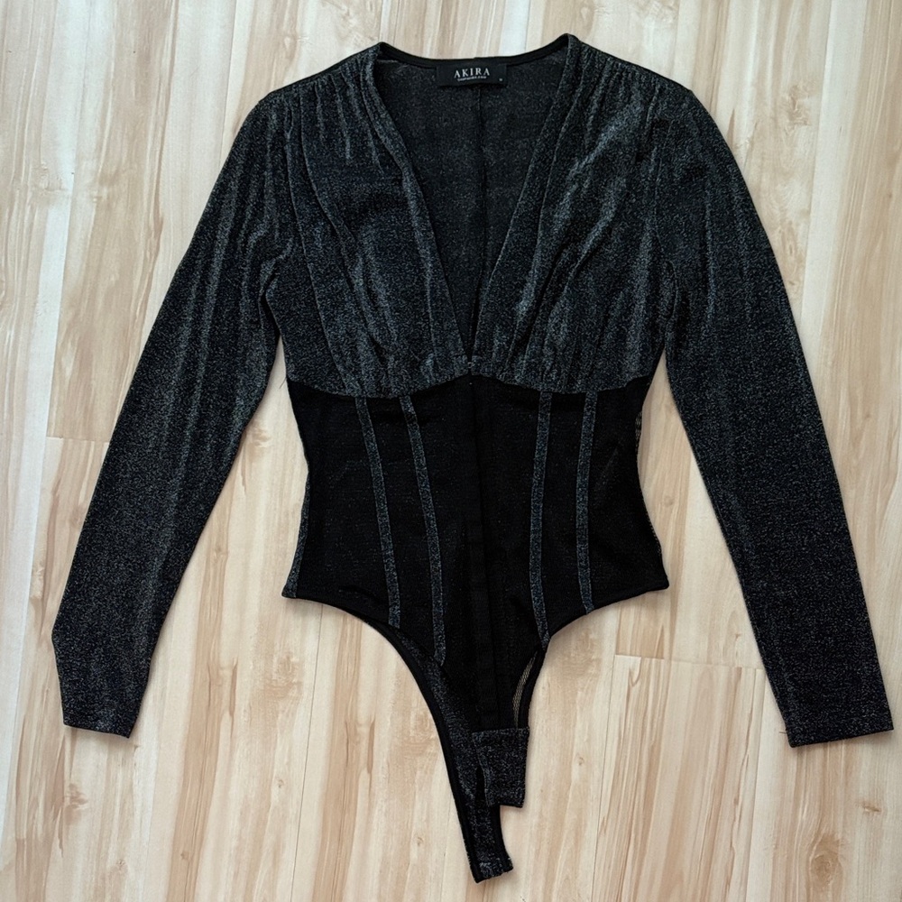 AKIRA Shimmering Black Long Sleeve Corset Bodysuit